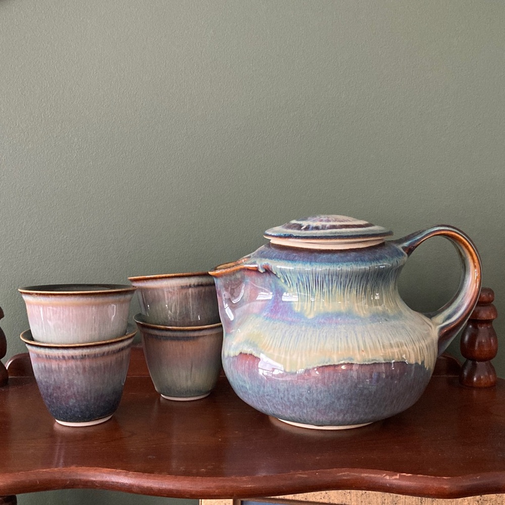 Handcrafted Bill Campbell Ceramic Tea Set with Blue and Brown Glaze